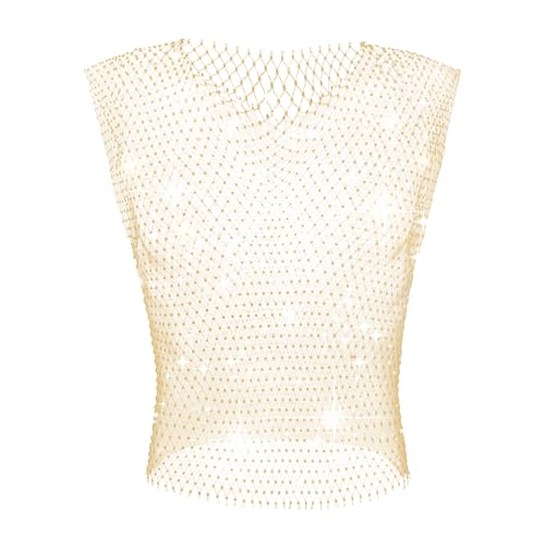 GENEMEN Herren Mesh Strass Tops Fishnet Tanktop Sexy Cropped-Shirt Rave durchsichtige Weste (Gold, XL) von GENEMEN