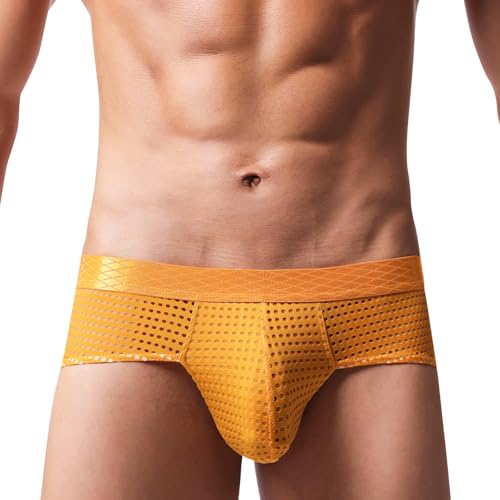 GENEMEN Herren Mesh Unterwäsche Sehen Sie durch Netz Slips Transparente Unterhose Sexy Atmungsaktive Slips (Gold, L) von GENEMEN