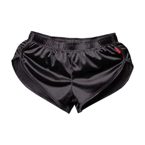 GENEMEN Herren Satin Boxershorts Aloe Pants Casual Shorts Seiden Unterwäsche Split Pyjamahose Running Sports Shorts (Schwarz, L) von GENEMEN