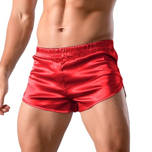 GENEMEN Herren Satin Seide Boxer Sexy Lounge Shorts 3 Zoll Inseam Pyjama Bottoms Boxershorts Slips (Rot, XXL) von GENEMEN