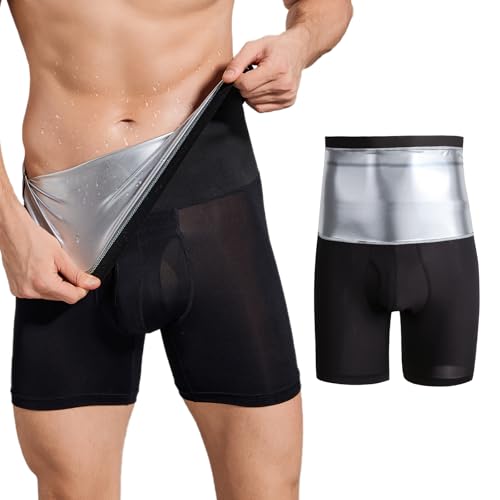 GENEMEN Herren Sauna Kurze Hosen Workout Kompression Sweat Shorts Bauchkontrolle Shapewear Hohe Taille (Shorts Silber, 4XL) von GENEMEN