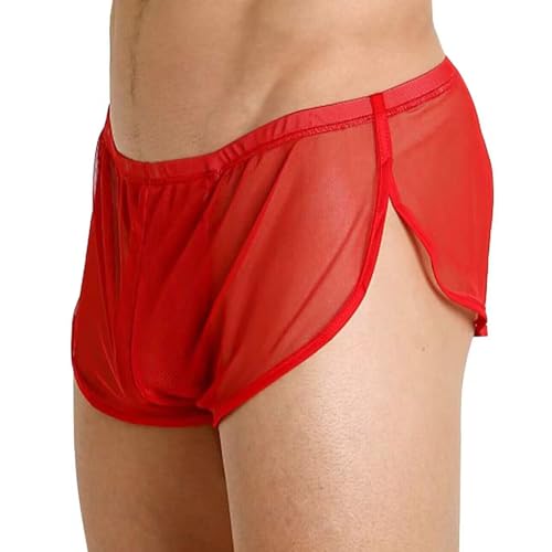 GENEMEN Herren Transparente Shorts Casual Mesh Shorts Seide Unterwäsche Split Nachtwäsche Kurze Laufshorts (Rot, M) von GENEMEN