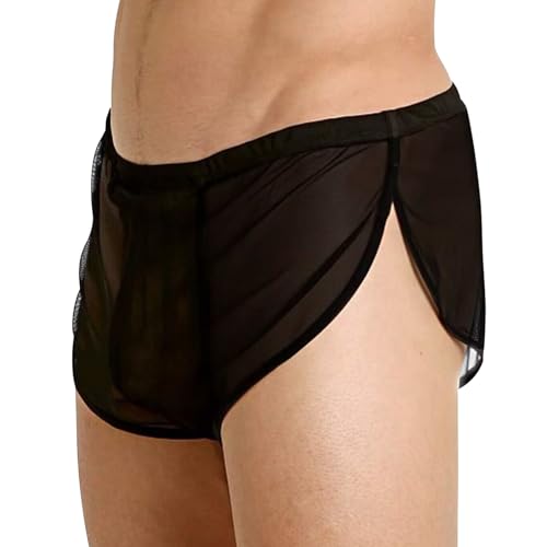 GENEMEN Herren Transparente Shorts Casual Mesh Shorts Seide Unterwäsche Split Nachtwäsche Kurze Laufshorts (Schwarz, XL) von GENEMEN