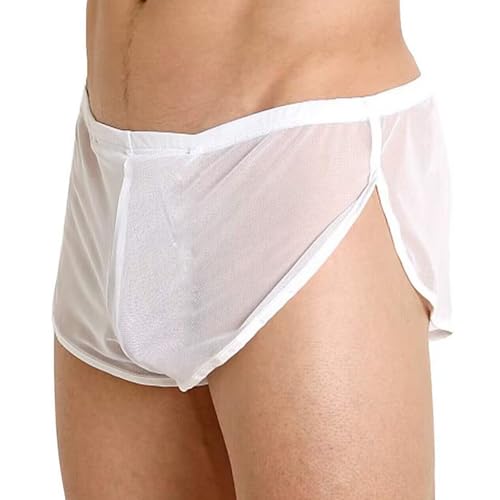 GENEMEN Herren Transparente Shorts Casual Mesh Shorts Seide Unterwäsche Split Nachtwäsche Kurze Laufshorts (Weiß, M) von GENEMEN