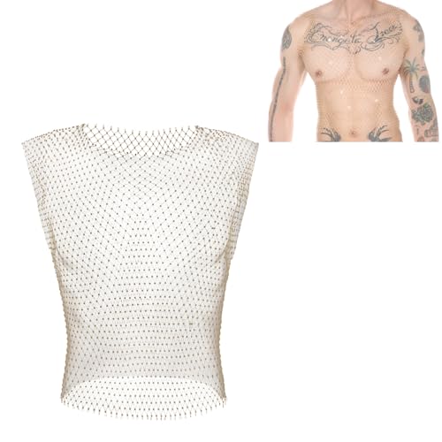 GENEMEN Netz-Top für Herren, Fischnetz-Tanktop, sexy Cropped-Shirt, Rave, durchsichtige Weste, Gold, M von GENEMEN