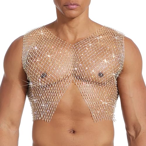 GENEMEN Netzhemd Herren Fishnet Oberteil Sexy Transparent Cropped-Shirt Durchsichtige Split Weste Clubwear Top (Gold, S) von GENEMEN