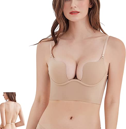 Plunge BH Deep Push Up BH,Unsichtbarer BH für Rückenfreies Kleid, BH Verlängerung Rückenfrei, Push-Up BH Für Tiefen Ausschnitt mit Transparente Träger (Beige,75B) von GENERICOL