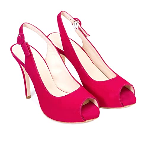 GENNIA CAMILA - Chice, Bequeme Damen-Slings - Peeptoes - 10 cm Stiletto - 1 cm Plateausohle - Elegant Sommerschuhe für Festliche Anlässe und Partys - Leder, Rosa Pink 38 EU von GENNIA