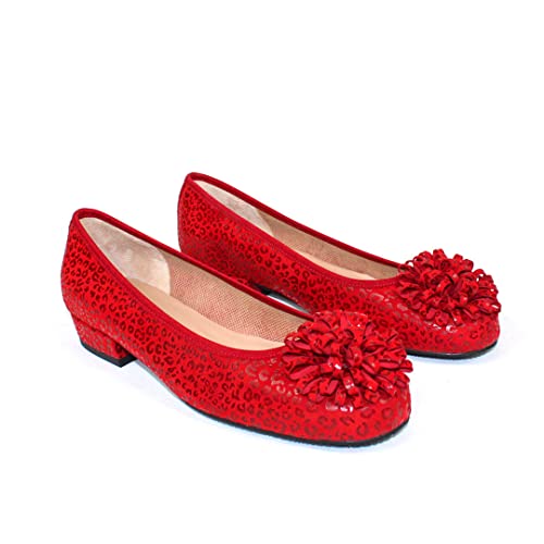 GENNIA CERIELLE - Rote Ballerinas für Damen aus rotem Leder mit Leopardenprägung, Pompon-Verzierung und Gummizug - Flacher, niedriger Absatz 1 cm - Elegante, lässige Francesita Slipper Rot 36 EU von GENNIA