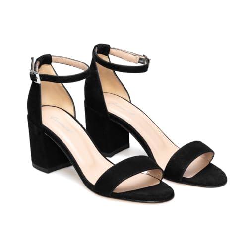 GENNIA DIOSA - Bequeme, Chice RiemchenSandalen für Damen - Made in Spain - 6 cm Blockabsatz - Schnalle am Knöchel - Modetrend: Casual Look, Sommer, Must-have - Veloursleder, Schwarz Schwarz 44 EU von GENNIA