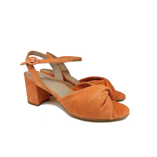 GENNIA SELENA - Orangefarbene Damen Ledersandalen mit Schleife auf dem Oberteil und Schnallenverschluss mit Knöchelriemen - 5 cm breiter Absatz - Oranges Wildleder Orange 36 EU von GENNIA