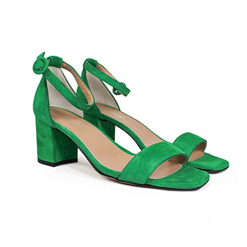 SARAY - Grüne Veloursleder Kleidersandalen mit geschlossenem Absatz und schmalem Riemen - Knöchelriemen Schnallenverschluss - 5 cm breiter Absatz - Lederfutter Grün 37 EU von GENNIA