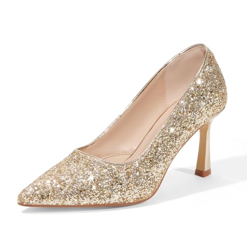 Elegante High Heels Damenpumps mit 10 cm Absatz, stilvoll für Büro und Hochzeitskleider, Gold Glitzer, 36 EU von GENSHUO