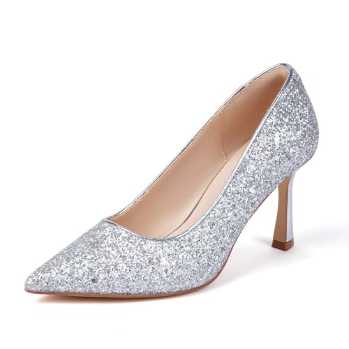 Elegante High Heels Damenpumps mit 10 cm Absatz, stilvoll für Büro und Hochzeitskleider, Silber Glitzer, 38.5 EU von GENSHUO