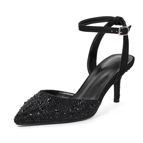 GENSHUO 6.5 cm High Heels mit Strasssteinen, Spitz und Knöchelriemen Klassisches Design, Schwarzer Strass, 41 EU von GENSHUO