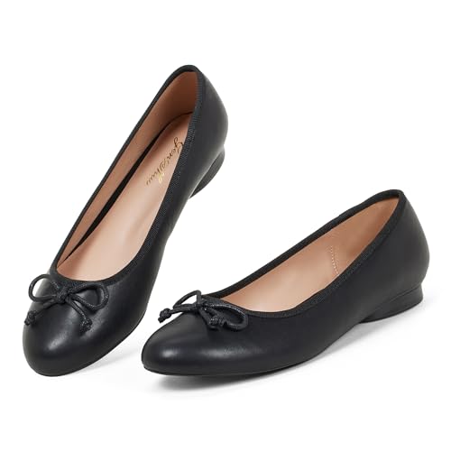 GENSHUO Damen Ballerina Schuhe, Flach Slip On Runde Kopf, Klassische Grundstil mit Die Schleife Dekoration, Komfortable Freizeitschuhe, Schwarzes Glattleder, 40 EU von GENSHUO