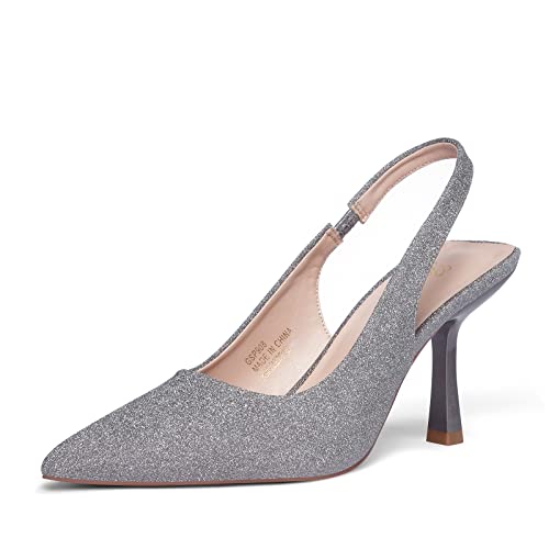 GENSHUO Damen Grau Glitzer High Heel Slingpumps Spitz Stiletto Pumps Slingback High Heels 8CM/3,15 Zoll Slip-on Stöckelschuhe für Party Hochzeit Abschlussfeier Absatzschuhe mit Pfennigabsatz 37,5EU von GENSHUO