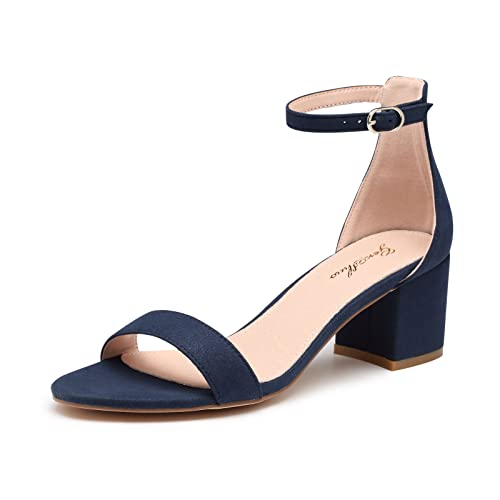 GENSHUO Sandaletten Damen mit Blockabsatz 6 CM/2,36 Zoll Elegant Wildleder Knöchelriemen Sandalen mit Niedrigem Absatz Sexy Offen High Heel Riemchensandalen für Party Prom Hochzeit, Navy Blau 40,5EU von GENSHUO