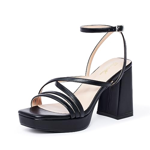 GENSHUO Damen Klobige Plateau-Sandalen mit hohem Absatz, Knöchelriemen und offener eckiger Zehenpartie - 10 cm Absätze, Schwarz, 40 EU von GENSHUO