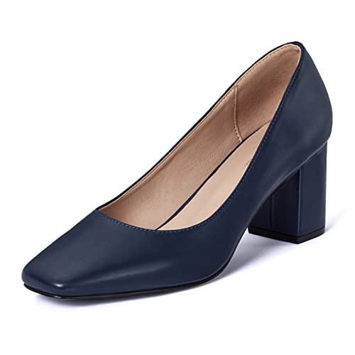 GENSHUO Damen Navy Blau Pumps mit Niedrigem Blockabsatz Glatte Klobig High Heels 7 cm/ 2,76 Zoll Arbeitsschuhe mit Eckiger Zehen Frauen Absatzschuhe mit Dicker Absatz, 37,5EU von GENSHUO