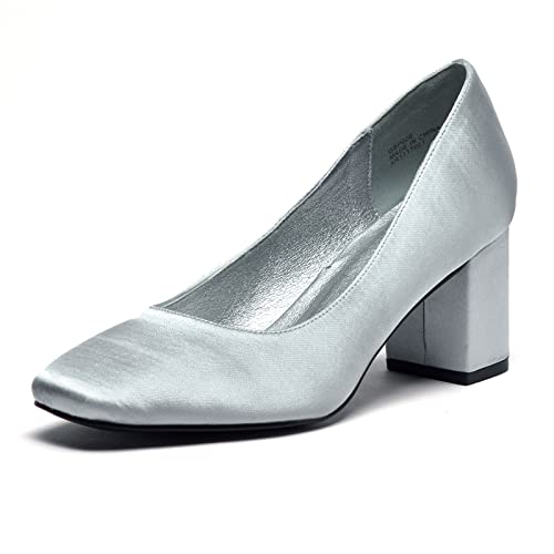 GENSHUO Damen Pumps mit Niedrigem Blockabsatz Glatte Klobig High Heels 7 cm/ 2,76 Zoll Arbeitsschuhe mit Eckiger Zehen Frauen Absatzschuhe mit Dicker Absatz, Silber Satin, 38.5 EU von GENSHUO