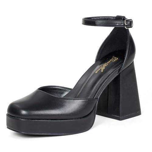 GENSHUO Damen-Pumps mit klobigem Plateauabsatz 10 cm geschlossene quadratische Zehenabsätze mit Knöchelriemen Kleid Hochzeit Party-Schuhe, Schwarz, 38 EU GENSHUO Damen-Pumps mit klobigem Plateauabsatz 10 cm geschlossene quadratische Zehenabsätze mit Knöchelriemen Kleid Hochzeit Party-Schuhe, Schwarz, 38 EU von GENSHUO