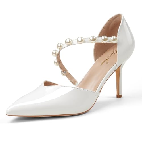 GENSHUO Damen Pumps mit perlenverziertem Spannriemen Stiletto 9 cm Absatz Spitz zulaufender Zehenbereich Hochzeitsfeier Schuhe, Weiß, 37 EU von GENSHUO