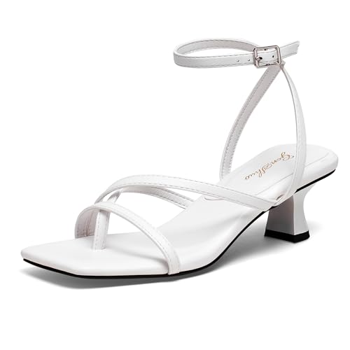 GENSHUO Damen Sandalen mit niedrigem Kitten-Absatz, Riemchen, offener Quadratspitze, Knöchelriemen, Komfortabel, Sexy, Süß, Hochzeits- und Partyschuhe, Weiß, 42 EU GENSHUO Damen Sandalen mit niedrigem Kitten-Absatz, Riemchen, offener Quadratspitze, Knöchelriemen, Komfortabel, Sexy, Süß, Hochzeits- und Partyschuhe, Weiß, 42 EU von GENSHUO