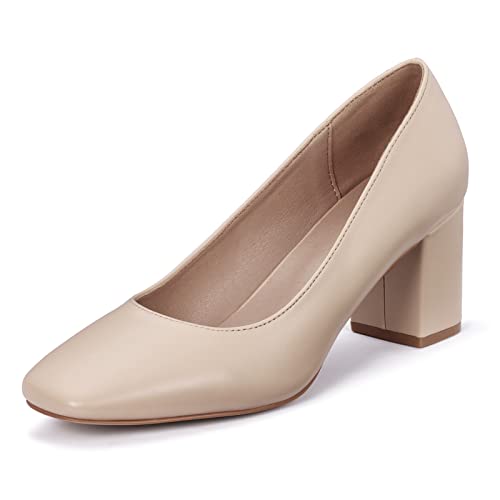 GENSHUO Damen Schwarz Pumps mit Niedrigem Blockabsatz Glatte Klobig High Heels 7 cm/ 2,76 Zoll Arbeitsschuhe mit Eckiger Zehen Frauen Absatzschuhe mit Dicker Absatz, Nude Matte, 37.5 EU von GENSHUO
