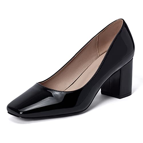 GENSHUO Damen Schwarz Pumps mit Niedrigem Blockabsatz Lackleder Klobig High Heels 7 cm/ 2,76 Zoll Arbeitsschuhe mit Eckiger Zehen Frauen Absatzschuhe mit Dicker Absatz, 38,5EU von GENSHUO