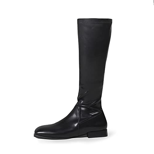 GENSHUO Damen Stiefel mit Reißverschluss Flache Kniestiefel mit Quadratischer Zehen Elegante Kniehohe Stiefel Klassisch Knee High Gogo Boots Schwarz Matt 40EU von GENSHUO