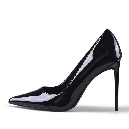 GENSHUO Damen Stiletto High Heels 10CM Sexy Spitze Stiletto Pumps Lackleder Geschlossene Zehe Party Abschlussball Hochzeit Absatzschuhe Stiletto Heels Schwarz 40.5 EU von GENSHUO