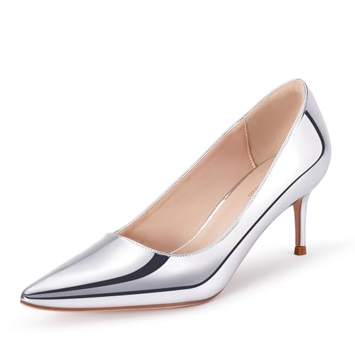 GENSHUO Damen Stiletto Pumps Absatz 6 cm/2,36 Zoll Spitz High Heels Elegant Geschlossene Low Heels für Arbeit Abschlussball Hochzeit Stöckelschuhe in Silber, 41 EU von GENSHUO