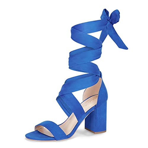 GENSHUO Damen Wildleder Riemchen Sandalen 8 cm Chunky Blockabsätze Offene Zehe Schnürung Elegante Party Abendschuhe, Königsblau, 37 EU von GENSHUO