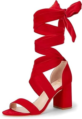 GENSHUO Damen Wildleder Riemchen Sandalen 8 cm Chunky Blockabsätze Offene Zehe Schnürung Elegante Party Abendschuhe, Rot, 41 EU von GENSHUO