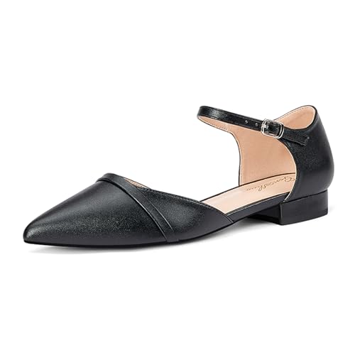 GENSHUO Flache Damenschuhe mit Knöchelriemen, Elegante Spitze Zehenpartie, Flache Schuhe Für Die Arbeit, Schwarz, 38.5 EU von GENSHUO