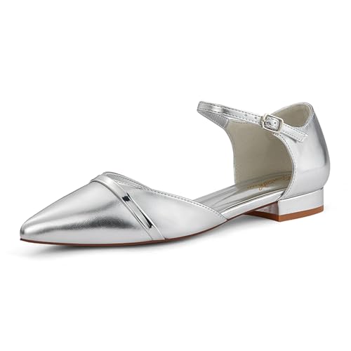 GENSHUO Flache Damenschuhe mit Knöchelriemen, Elegante Spitze Zehenpartie, Flache Schuhe Für Die Arbeit, Silber, 37 EU von GENSHUO