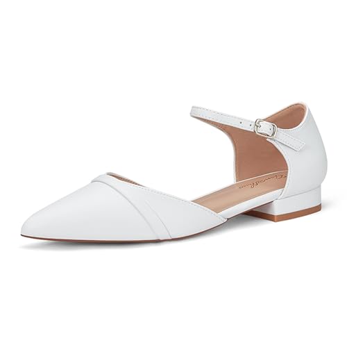 GENSHUO Flache Damenschuhe mit Knöchelriemen, Elegante Spitze Zehenpartie, Flache Schuhe Für Die Arbeit, Weiß, 37 EU von GENSHUO