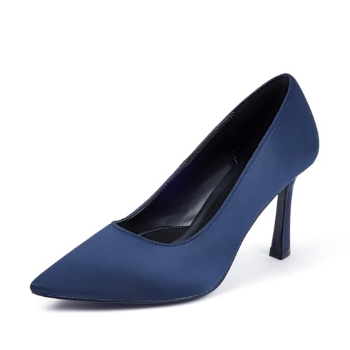 GENSHUO High Heels Damen Elegante Satin Pumps 10CM, Navy Blau 38,5EU von GENSHUO