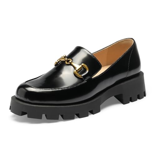 GENSHUO Loafer Damen, Klassisch Loafer Mokassins mit Metallschnalle Geschlossener Zehen Business Slipper Halbschuhe Elegante Slip-on Plateau Schuhe für Frauen, Schwarz, 37EU von GENSHUO