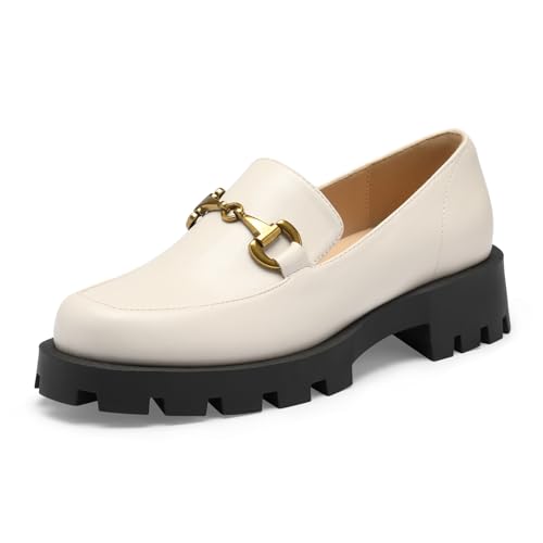 GENSHUO Loafer Damen, Klassisch Loafer Mokassins mit Metallschnalle Geschlossener Zehen Business Slipper Halbschuhe Elegante Slip-on Plateau Schuhe für Frauen, Weiß, 40EU von GENSHUO