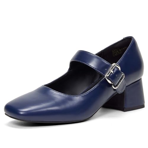 GENSHUO Mary Jane Damen Pumps mit Chunky Low Heel, Rundzehen, Klassische Kleid-Schuhe für Frauen,Marineblaue Damenschuhe,36 EU von GENSHUO