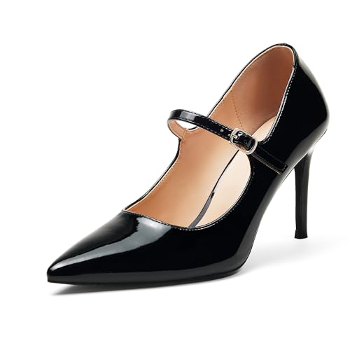 GENSHUO Mary Jane Pumps Damen 8 cm Stilettoabsatz Spitze Zehen Lackleder Elegant Bequem für Büro Party Vintage Design, Schwarz, 41 EU von GENSHUO