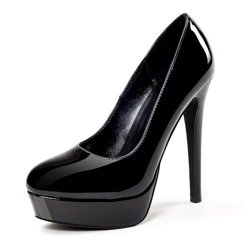 GENSHUO Plateau Pumps Damen Geschlossene 5.5 Zoll/14cm Stilettos High Heels Lack Plateau Prom Party Frauen High Heels Schuhe Alles Schwarz Größe 42 EU von GENSHUO