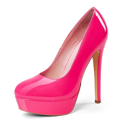 GENSHUO Plateau Pumps Damen Geschlossene 5.5 Zoll/14cm Stilettos High Heels Lack Plateau Prom Party Frauen High Heels Schuhe Fluoreszierendes Rosa Größe 37.5 EU von GENSHUO