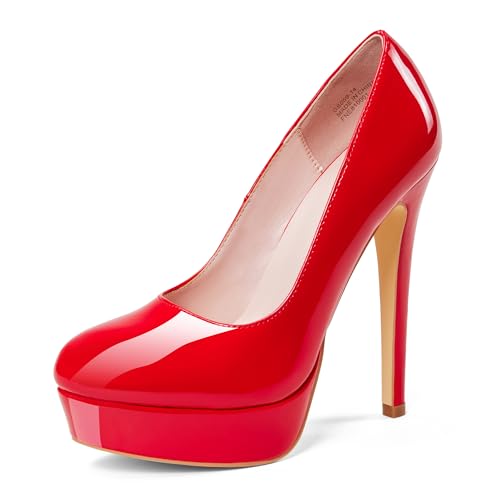 GENSHUO Plateau Pumps Damen Geschlossene 5.5 Zoll/14cm Stilettos High Heels Lack Plateau Prom Party Frauen High Heels Schuhe Rot Größe 36 EU von GENSHUO