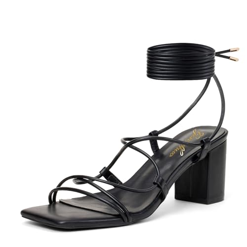 GENSHUO Damen Riemchen-Sandalen mit kräftigen Absätzen, quadratischer offener Zehenpartie, Schnürung mit 6 cm hohem Absatz, Knöchelriemen und Blockabsätzen, Schwarz, EU 40.5 von GENSHUO