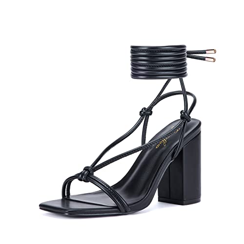 GENSHUO Sandaletten Damen mit Blockabsatz Frauen Beingurt Design Elegante hochhackige Riemchensandalen, Modische Sommer-Sandaletten, Schwarz A, EU 39 GENSHUO Sandaletten Damen mit Blockabsatz Frauen Beingurt Design Elegante hochhackige Riemchensandalen, Modische Sommer-Sandaletten, Schwarz A, EU 39 von GENSHUO
