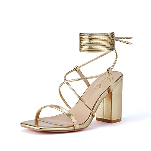 GENSHUO Damen Sandalen mit offener Quadrat-Zehenpartie, Schnürung kräftigen Blockabsätzen, Riemen, sommerliche Brautschuhe für Hochzeit, Gold B, EU 37 von GENSHUO