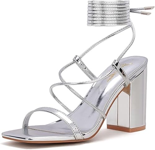 GENSHUO Damen Sandalen mit offener Quadrat-Zehenpartie, Schnürung kräftigen Blockabsätzen, Riemen, sommerliche Brautschuhe für Hochzeit, Silber B, EU 37 von GENSHUO